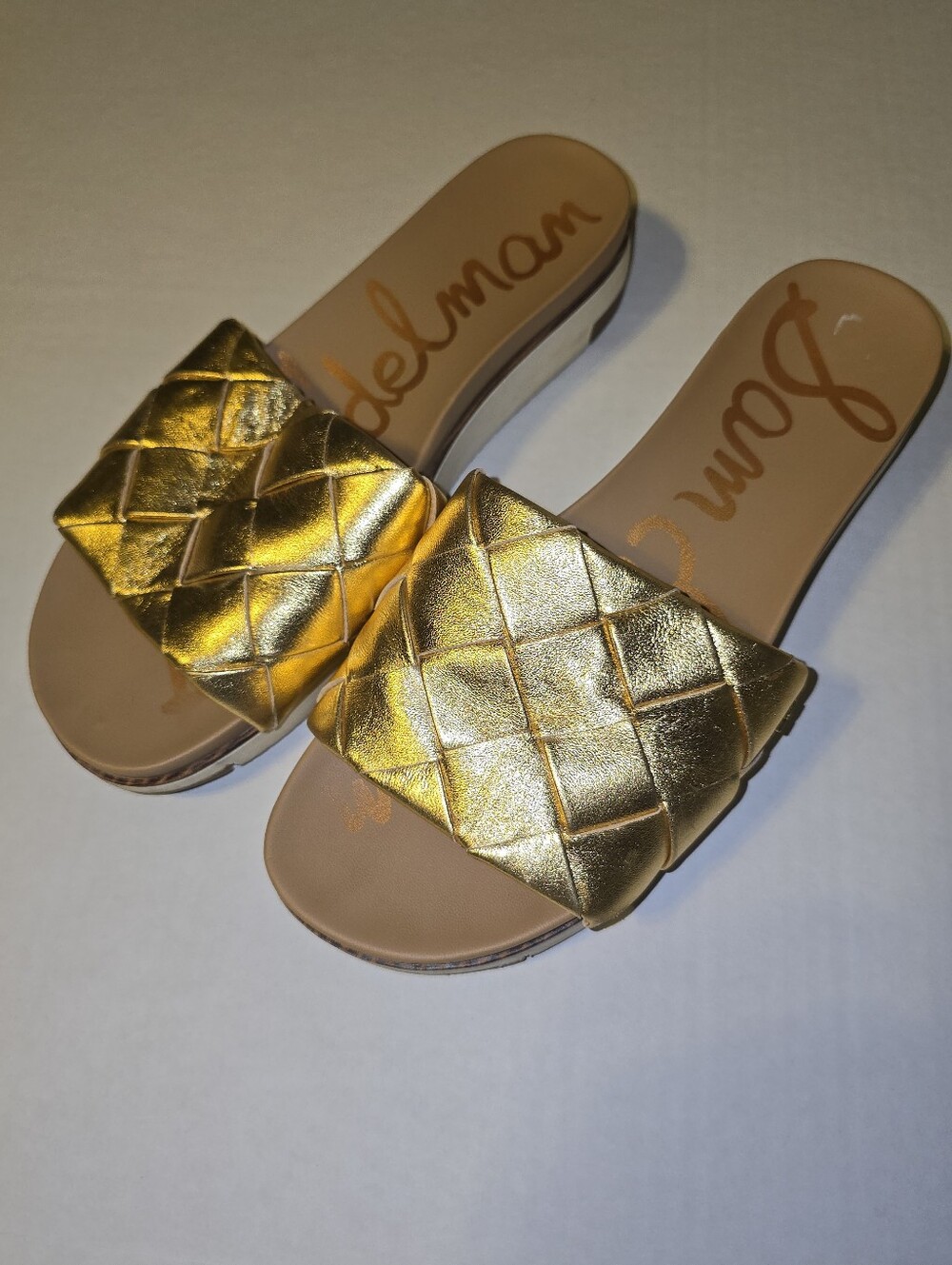 Adaley Woven Gold Leather Slide Sandal 9 Open Toe